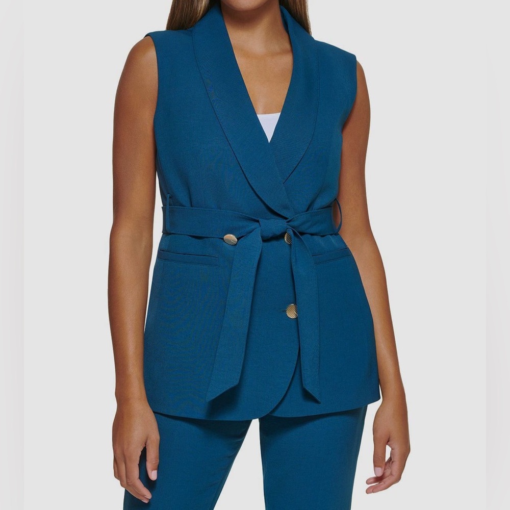 DKNY Women's Blue Shawl-Collar Double-breasted Belted Tie Vest Size 6